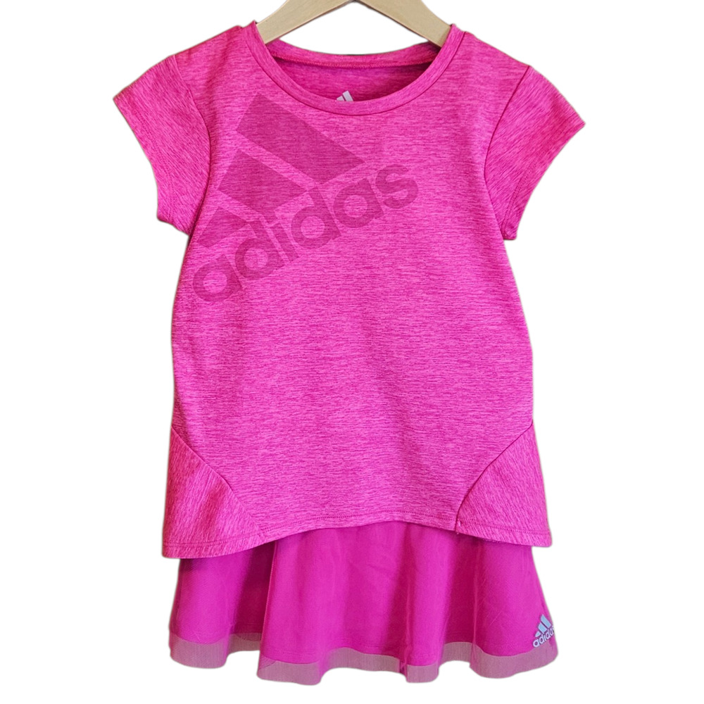 Adidas Girls Pink Heathered Logo Tee & Ruffle Skort 2-Piece Active Set Size 5